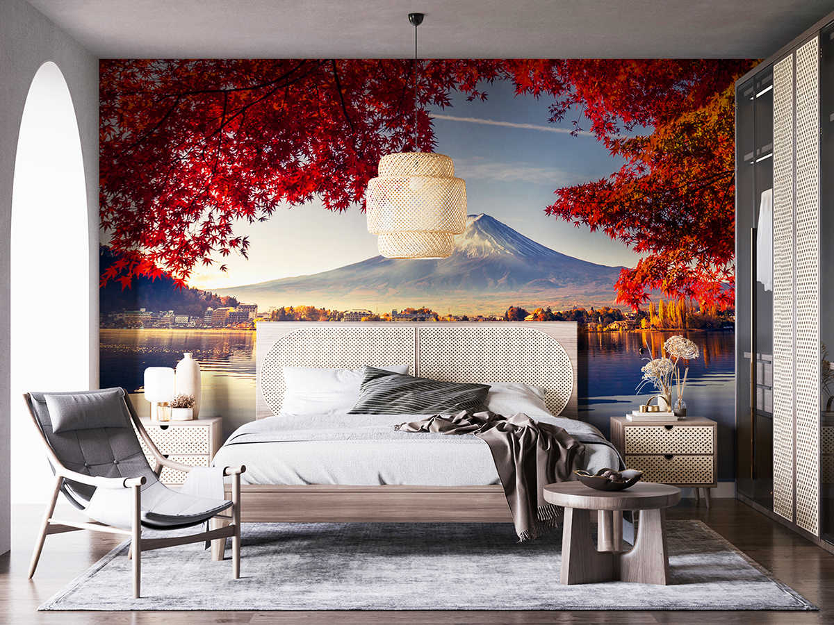 Image of bedroom setting with red maple and mount fuji wall mural