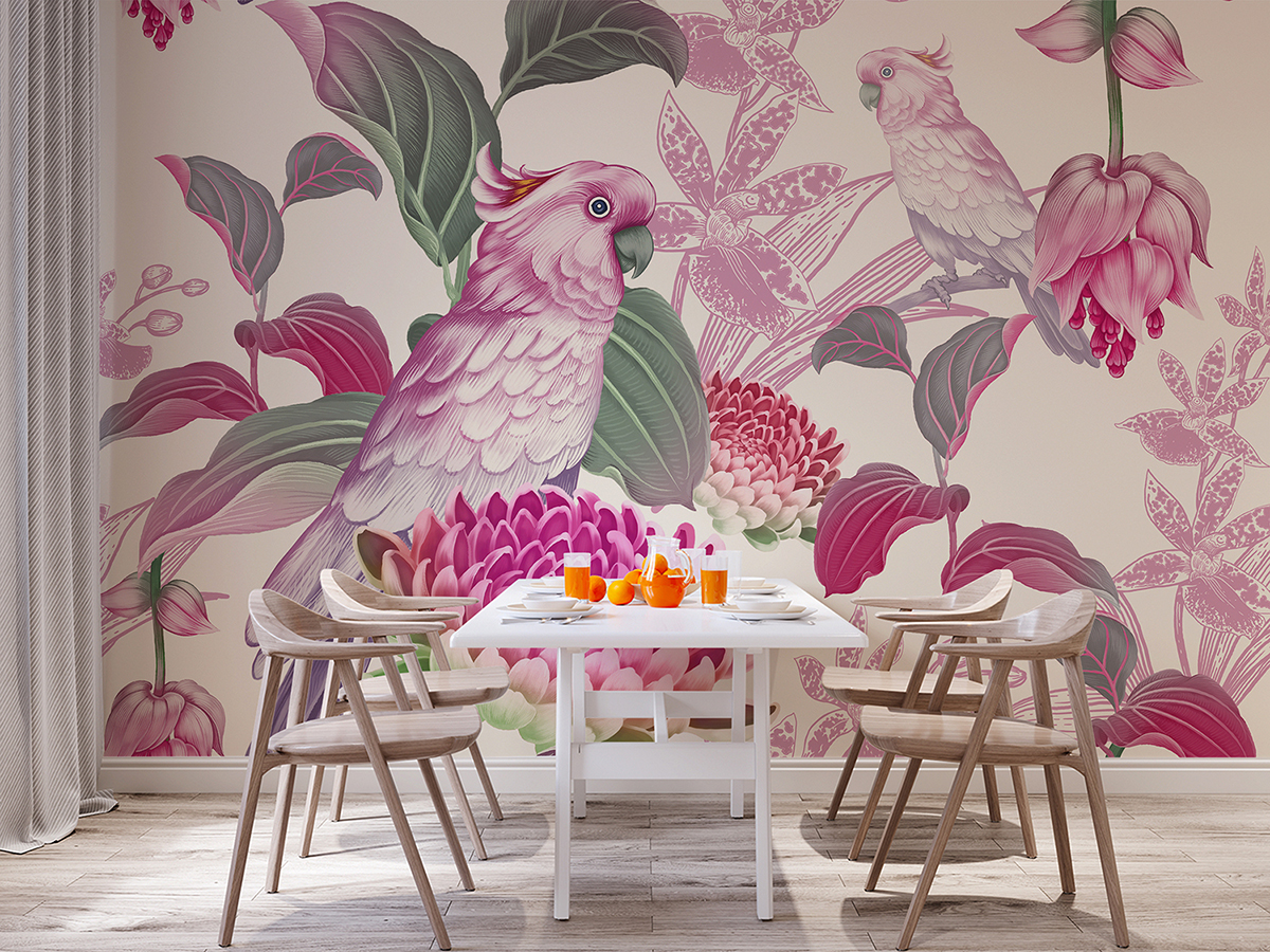 Image of dining table with pink cockatoo wall mural