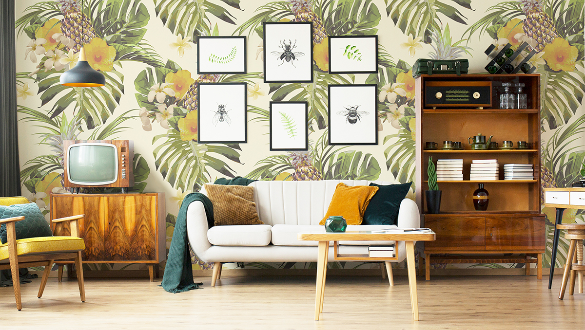 Image of retro sitting room with vintage jungle wall mural