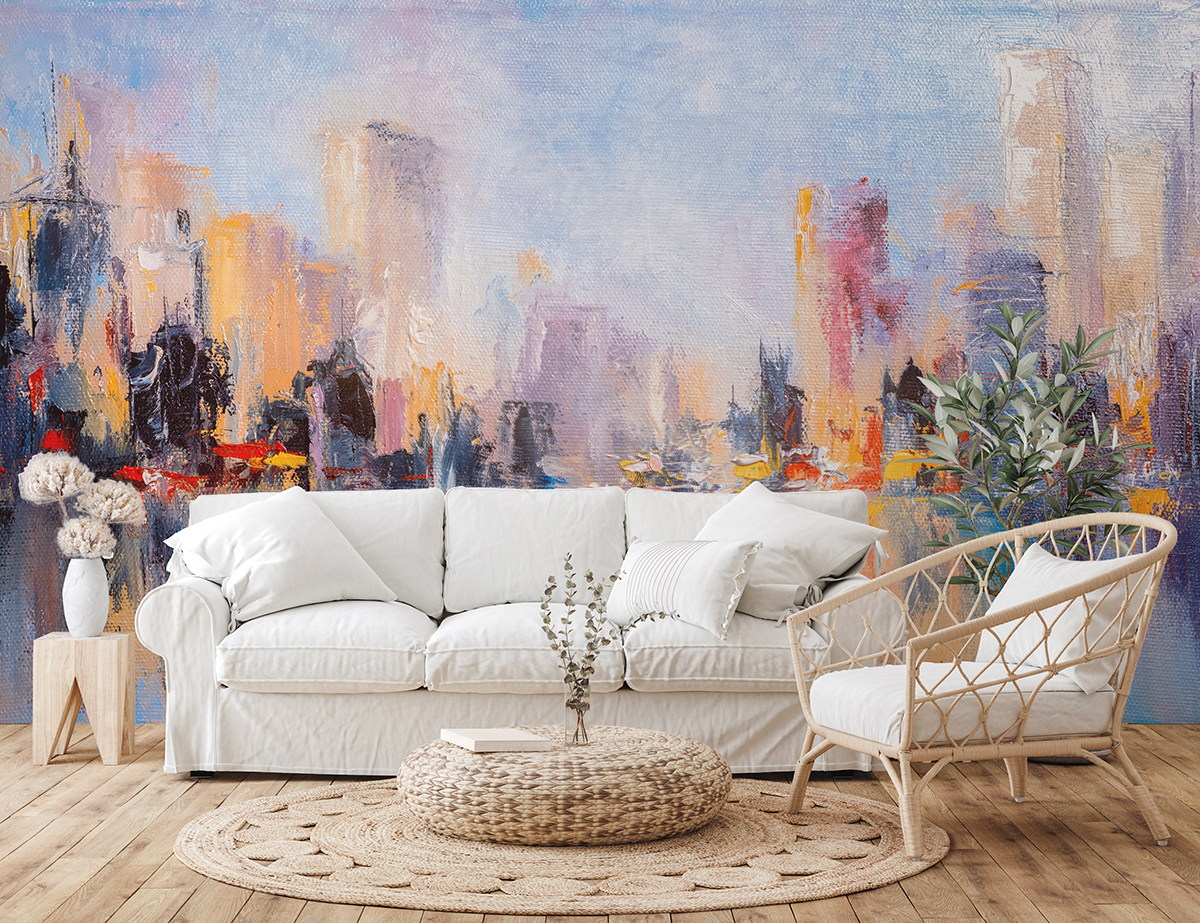 Image of abstract painting wall mural in sitting room